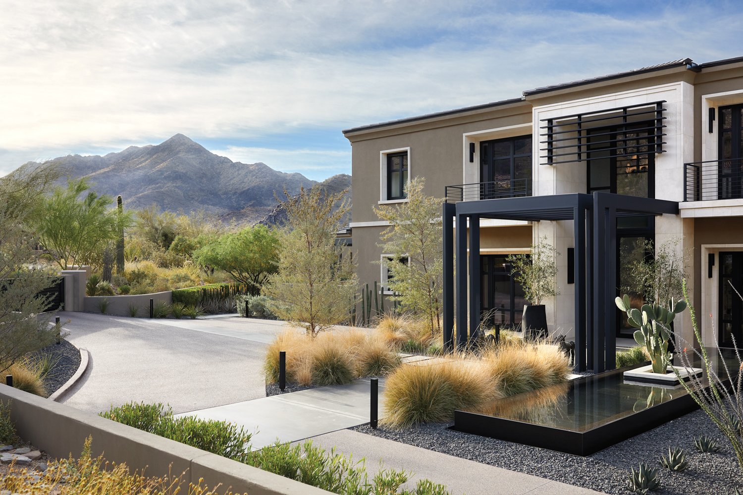 Modern desert landscape with ornamental grasses, cactus, and pergola water feature — Phoenix AZ